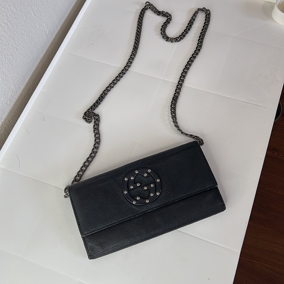 Gucci Handbags - Authentic Gucci Navy Blue Leather Studded GG Logo Long Double Fold Wallet EUC